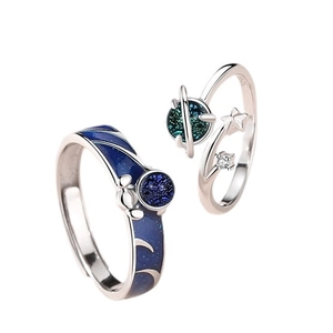 S925 sterling silver couple rings set with astronaut star theme and blue enamel finish