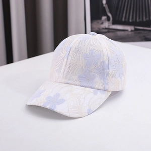 Light purple baseball cap for women featuring elegant white lace floral patterns