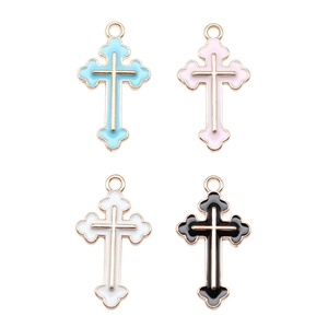 Colorful 25x14mm cross pendants in blue, pink, white, and black with gold plating