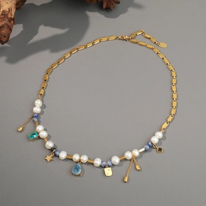 French vintage freshwater pearl necklace with blue gemstones and star pendants