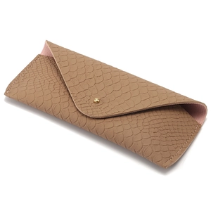 Khaki snakeskin embossed faux leather envelope sunglasses pouch with gold snap closure