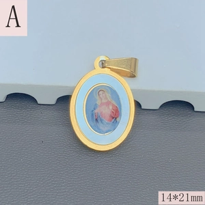 Detail view of oval Guadalupe religious pendant in gold finish with 14x21mm dimensions