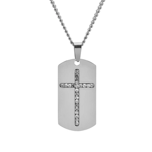 Macro view of silver military dog tag pendant with crystal cross inlay and chain