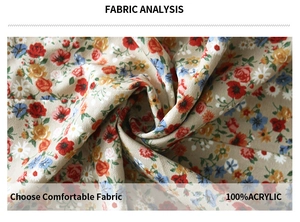 Close-up fabric analysis of beige floral pattern blouse made from 100% acrylic material