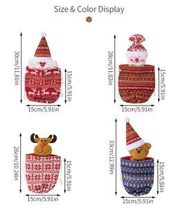 Size chart showing knitted Christmas gift bag dimensions for Santa, Snowman, and Reindeer styles