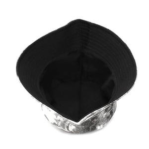 Double-sided tie-dye bucket hat with black and white wash print and wide brim