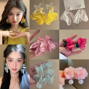 Oversized Flower Petal Tassel Drop Earrings Mesh Fabric Alloy With Silver Earring Post Bohemian Vacation Jewelry For Women