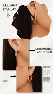 Detailed view of model wearing gold flower earrings with clear zircon stones