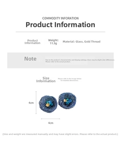 Detailed view of blue glass bead floral earrings with gold thread weaving, size 4x4cm
