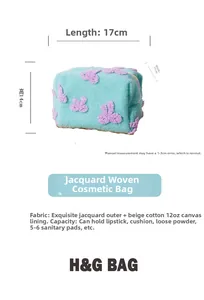 Detail view of mint green jacquard makeup bag with 17x11x14cm dimensions