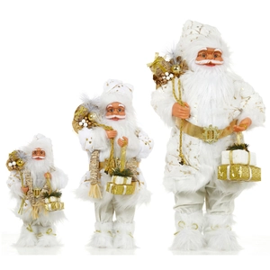 Dreiteiliges Set gold-weißer Weihnachtsmann-Figuren in verschiedenen Größen für Deko