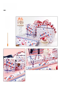 Detail of Happy Birthday gift wrapping paper with red and blue star patterns and ribbons