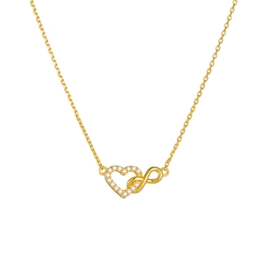 Golden necklace with heart and infinity symbol pendant paved with white zircon stones