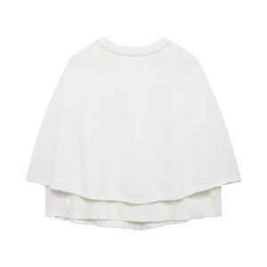 Detailed view of white knit capelet sweater showing single-breasted buttons and texture