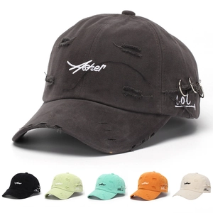 Distressed Cotton Baseball Cap Ripped Letter Embroidery Streetwear Retro Sunshade Hat With Metal Rings Unisex