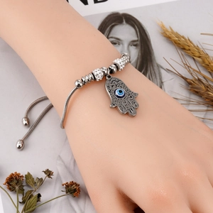 Bracelet main de Fatma et œil protecteur en argent avec chaîne serpent réglable pour femme
