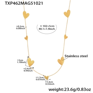 Detailed view of the gold heart necklace with specific dimensions and length measurements