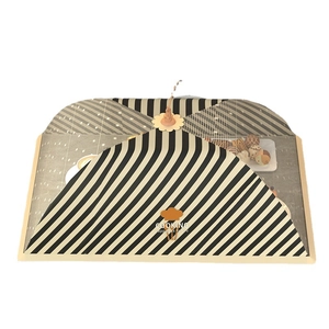 Foldable mesh food cover with black white stripes and handle for dining table