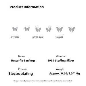 Detail specifications of S999 silver butterfly stud earrings with dimensions and weight