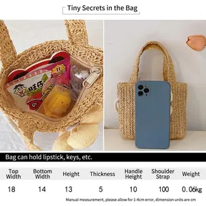 Children's woven straw shoulder bag with precise measurements and size specifications