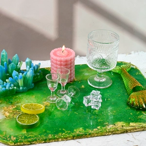 Molde rectangular grande de silicona para bandeja de resina con purpurina verde y oro