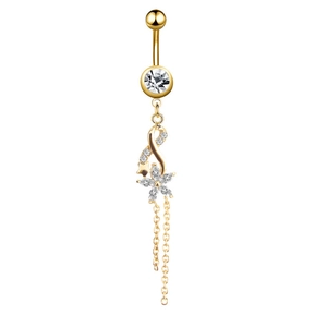Detailed view of a gold belly ring with star and flower tassels and clear cubic zirconia