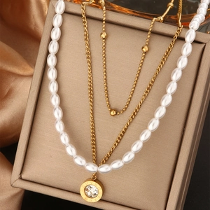 Elegant gold layered necklace with white pearls and Roman numeral crystal heart pendant