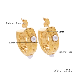 Detailed view of gold stainless steel pearl earrings with 27mm diameter and high polished finish