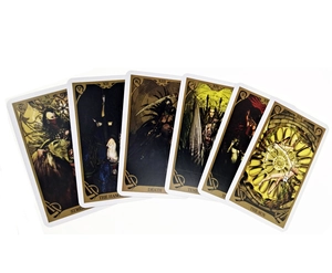 Detail of six Sea Soul Journey Oracle cards with gold borders and dark vintage illustrations