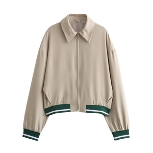 Women Zip Up Jacket Khaki Long Sleeve Striped Ribbed Trim Lapel Collar Fashion Casual Outerwear Round Ring Zipper