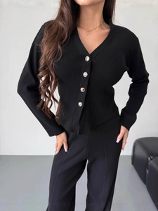 Women's black V-neck knit set with button-up cardigan and matching high-waist long pants