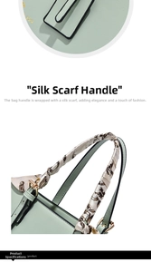 Detailed view of light green tote bag with silk scarf handle and golden metal buckle