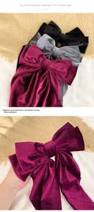 Detail of premium velvet bow hair clip with long ribbons in multiple classic colors