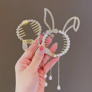 Lot de barrettes pour enfants en alliage doré avec strass, perles et pompons sirène