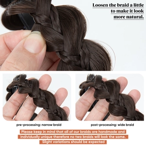 Dark brown braided headband showing how to loosen fibers for a natural high skull look