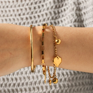Pulsera de Pendiente de Corazón de Doble Capa de Acero Inoxidable Chapado en Oro de 18K Juego de Brazaletes Brillantes para Joyería de Mujer