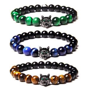 Natural Stone Bead Bracelet With Metal Wolf Head Zircon Tiger Eye Obsidian Lava Stone Fashion Jewelry For Men Women