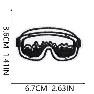 Embroidered ski goggles patch with mountain landscape design and size measurements