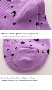 Detail lilafarbener Sternsocken mit rutschfester Ferse und nahtlosem Zehenbereich