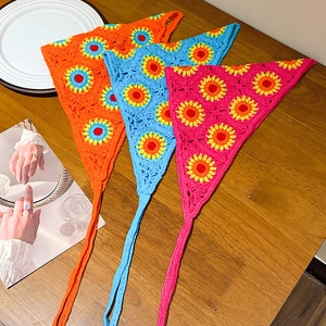 Bandana À Cheveux Tournesol Crocheté À La Main Écharpe De Tête Triangle En Tricot De Coton Rétro Bohème Pour Femmes
