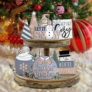 6-piece winter tiered tray decor set featuring gray wooden snowmen and trees