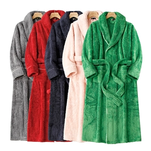 Thick plush coral fleece bathrobes in multiple colors with waist ties and white trim