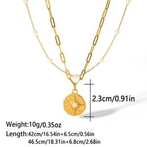 Double-layered 18K gold plated paperclip chain necklace with star compass coin pendant