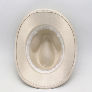 Detail of adjustable inner sweatband and stitching on the beige faux suede cowboy hat