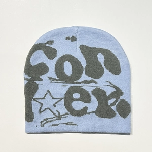 Light blue knit beanie featuring dark grey letter jacquard in a streetwear style