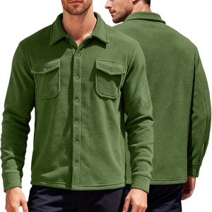 Detail view of grass green fleece tactical jacket with chest pockets and classic collar