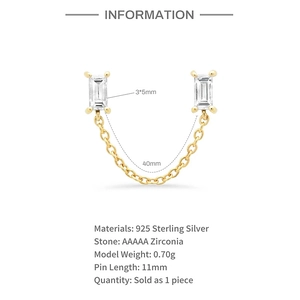Detailed specs of S925 silver double stud earrings with rectangular AAAAA zirconia