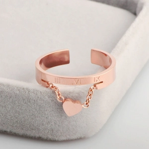 Rose Gold Stainless Steel Ring With Heart Pendant And Roman Numerals Engraved Chain Dangle For Women
