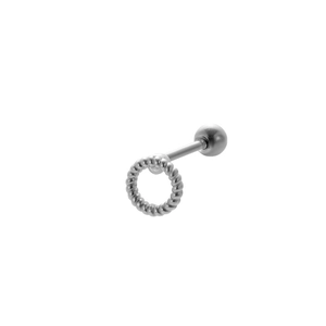 Detail shot of silver stainless steel twisted ring earring with a spherical screw back