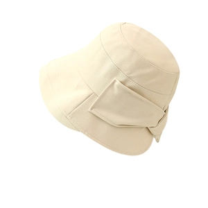 Women's cream wide brim sun hat with decorative bow, minimalist Japanese style bucket hat